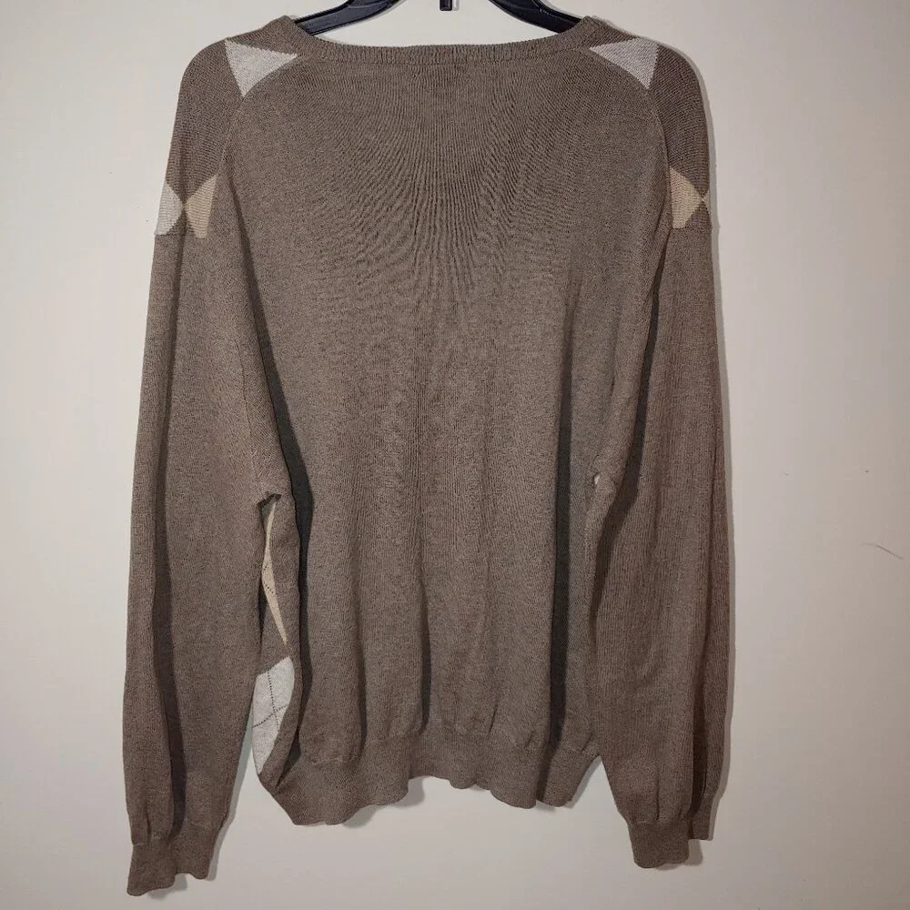 J.Crew Cotton/Cashmere Argyle Long Sleeves V-Neck Pullover Sweater Sz XL Brown
